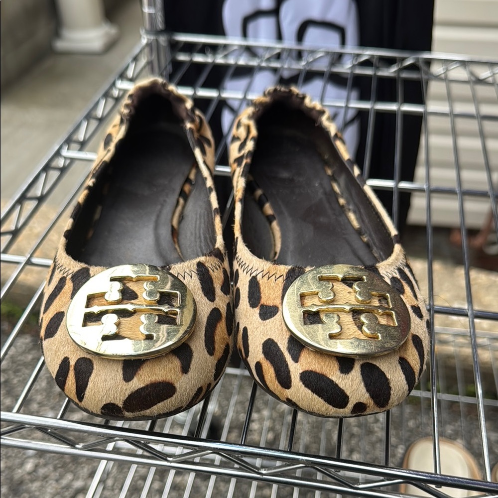 Tory Burch Brown and Gold Flats with Logo Accent